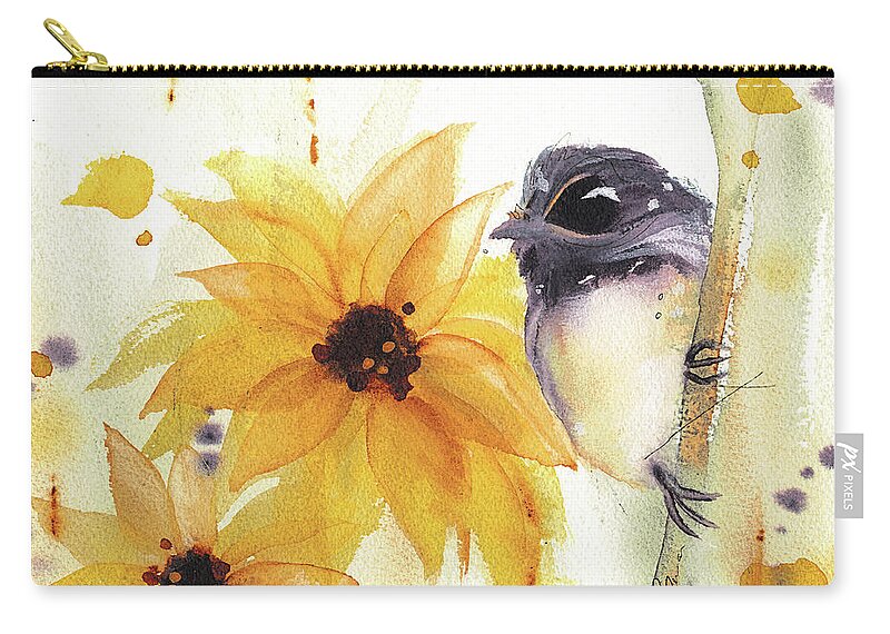 Watercolor Zip Pouch featuring the painting Chickadee and Sunflowers by Dawn Derman