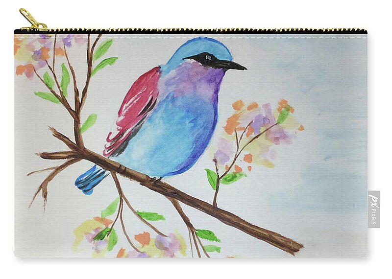 Watercolor Zip Pouch featuring the painting Chickadee on a branch by Martin Valeriano