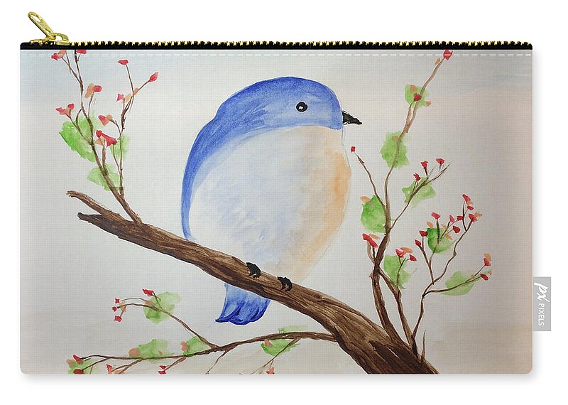 Watercolor Zip Pouch featuring the painting Chickadee on a branch with leaves by Martin Valeriano