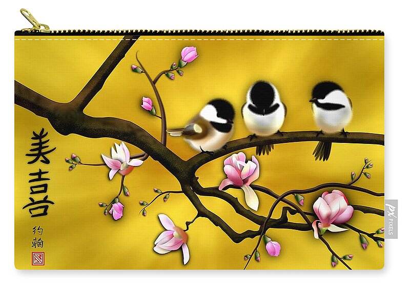 Asian Art Zip Pouch featuring the digital art Chickadee on blooming Magnolia branch by John Wills