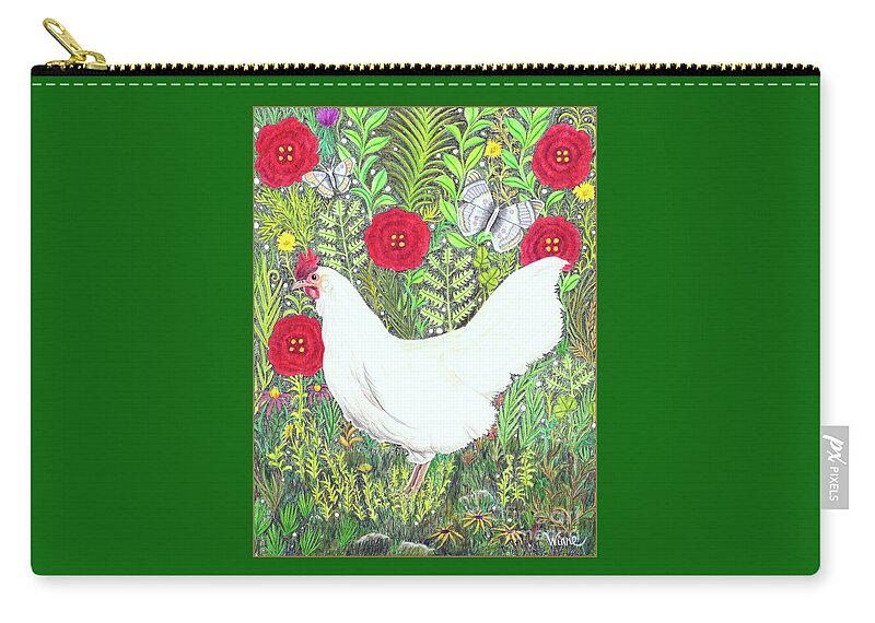 Lise Winne Zip Pouch featuring the painting Chicken with Millefleurs and Butterflies by Lise Winne