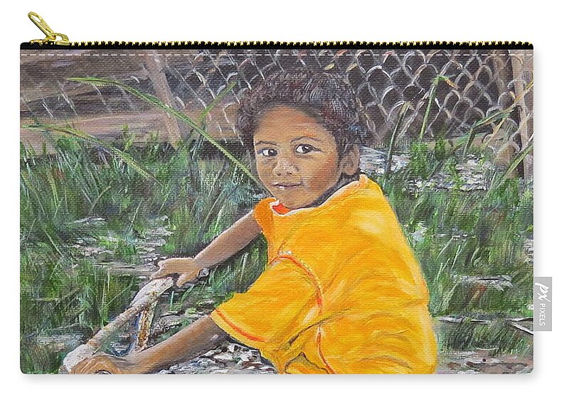 Boy Zip Pouch featuring the painting Chico y bicicleta by Marilyn McNish