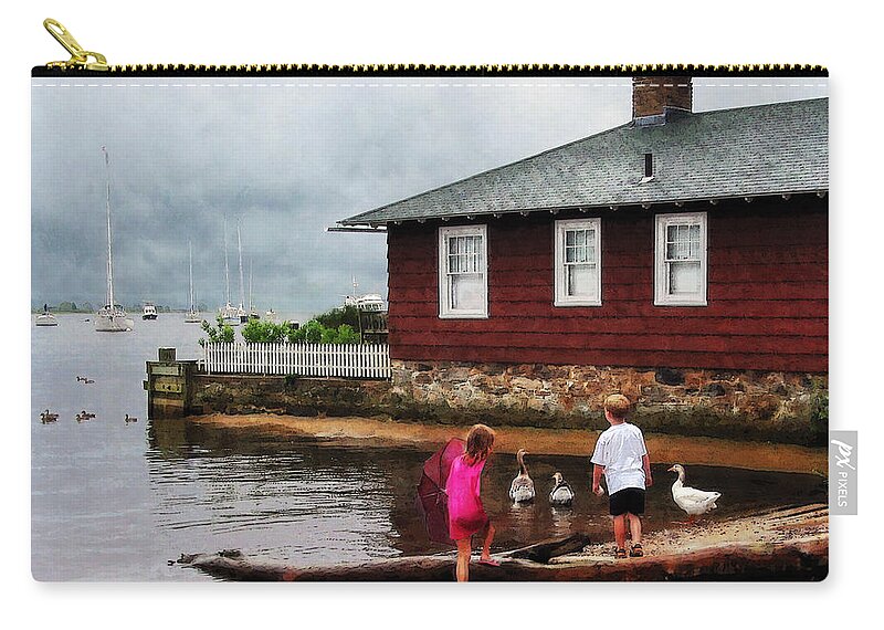 Boat Zip Pouch featuring the photograph Children Playing at Harbor Essex CT by Susan Savad