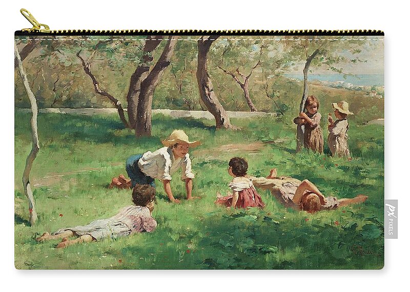 Georg Pauli Zip Pouch featuring the painting Children Playing Outdoors by MotionAge Designs