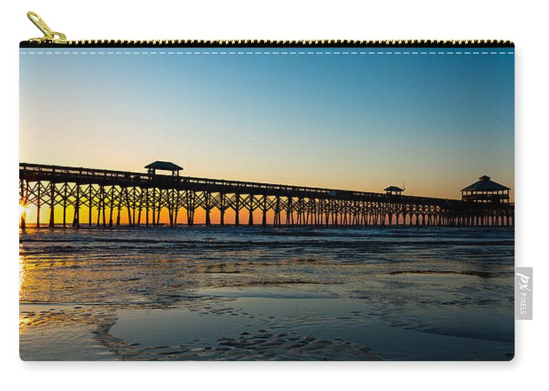 Charleston Zip Pouch featuring the photograph Chilly Morning Sunrise on the Charleston Coast - Folly Beach Pier #3 by Donnie Whitaker