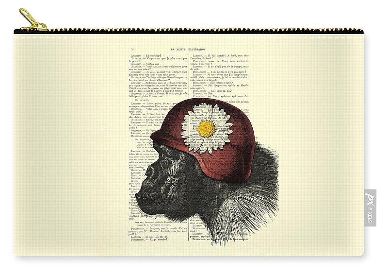 Chimp Zip Pouch featuring the mixed media Chimpanzee with helmet daisy flower dictionary art by Madame Memento