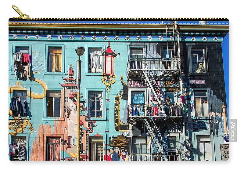 Bonnie Follett Zip Pouch featuring the photograph Chinatown Mural on Broadway by Bonnie Follett