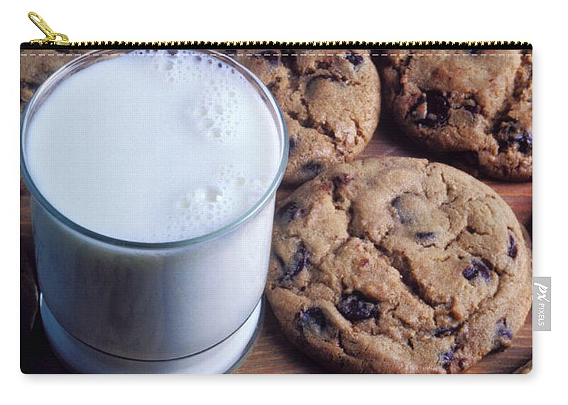 Chocolate Chip Zip Pouch featuring the photograph Chocolate chip cookies and glass of milk by Garry Gay