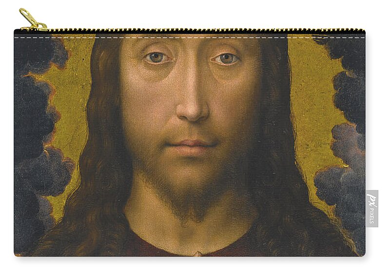 Hans Memling Zip Pouch featuring the painting Christ Blessing by Hans Memling