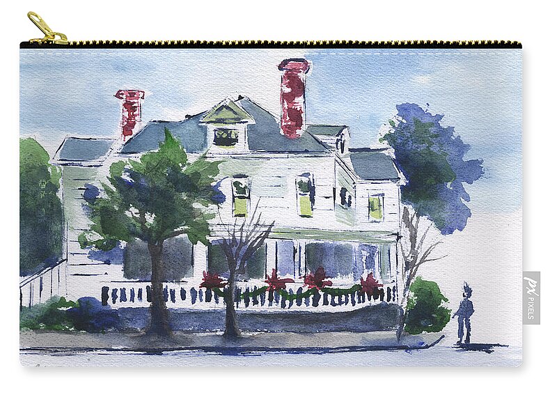 Christmas At Hope Lodge Zip Pouch featuring the painting Christmas At Hope Lodge by Frank Bright