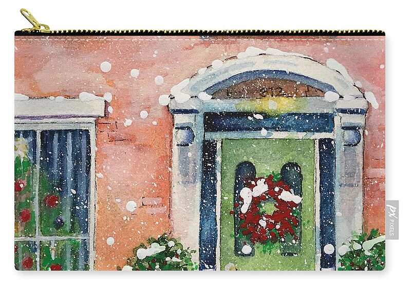Christmas Cards By Rebecca Matthews Zip Pouch featuring the painting Christmas at the rectory by Rebecca Matthews