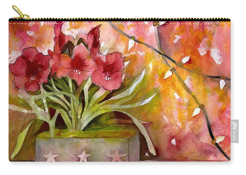 Amaryllis Zip Pouch featuring the painting Christmas Holiday Amaryllis by Kelly Perez