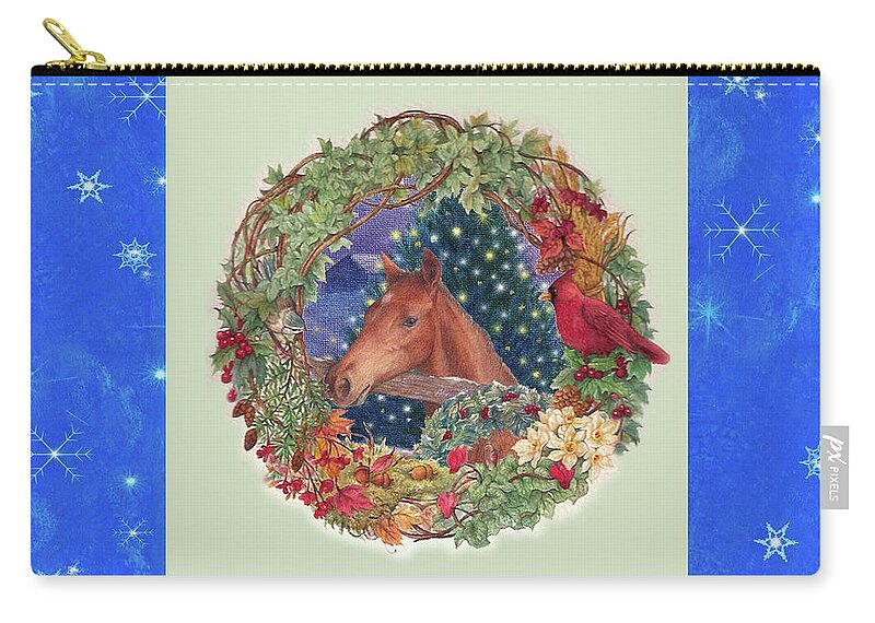 Equestrian Art Zip Pouch featuring the painting Christmas horse and Holiday wreath by Judith Cheng