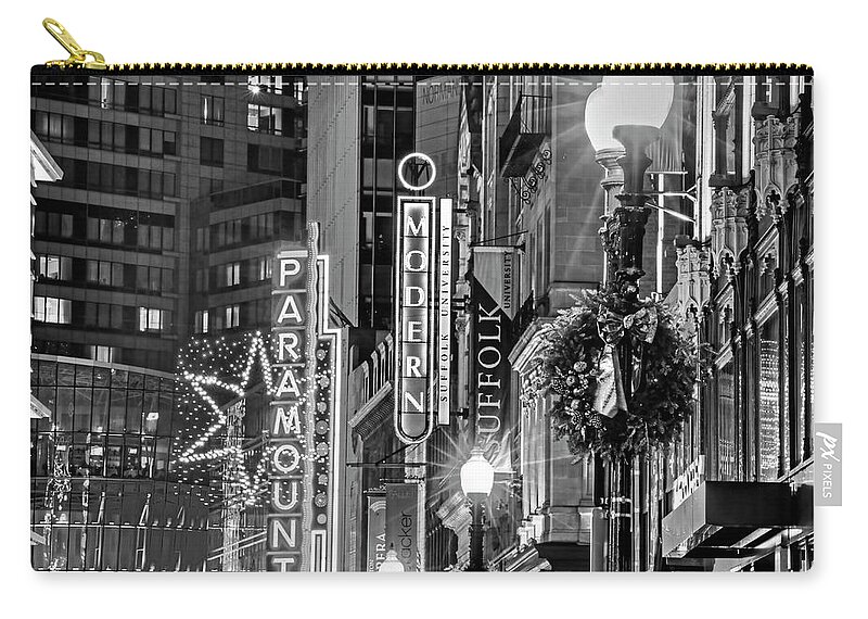 Boston Zip Pouch featuring the photograph Christmas in Downtown Boston MA Paramounr Washington Street Black and White by Toby McGuire