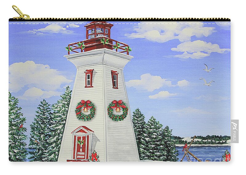 Lighthouse Zip Pouch featuring the painting Christmas Lighthouse-JP3901 by Jean Plout