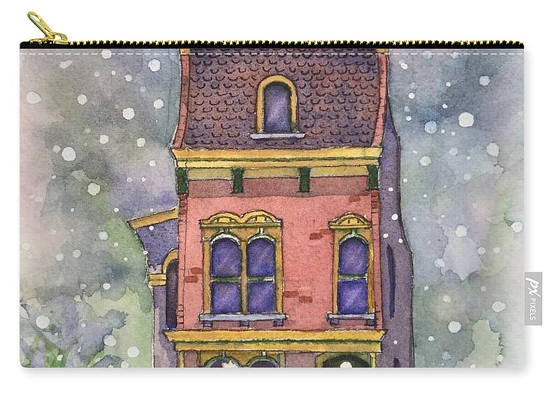 Watercolor Christmas Card Carry-all Pouch featuring the painting Christmas on North Hill by Rebecca Matthews