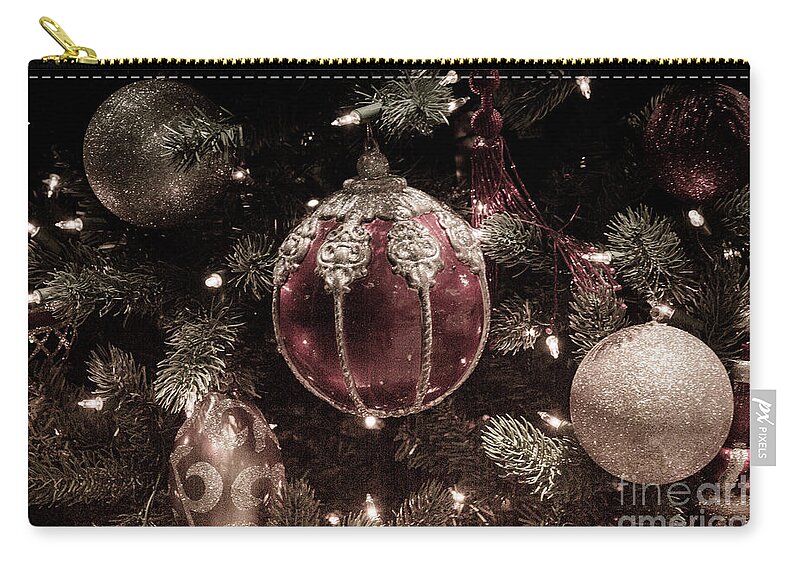 Christmas Tree Ornaments Christmas Zip Pouch featuring the photograph Christmas Ornaments Faded by Tracy Brock