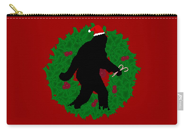 Merry Christmas Zip Pouch featuring the digital art Christmas Sasquatch with Wreath by Gravityx9 Designs
