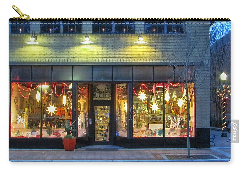 Victor Montgomery Zip Pouch featuring the photograph Christmas Storefront by Vic Montgomery