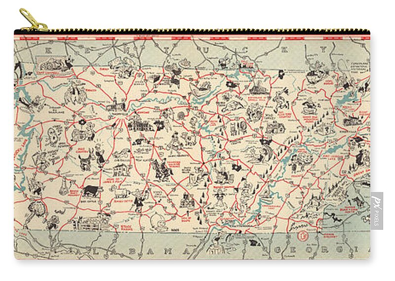 Chuckle Map Zip Pouch featuring the mixed media Chuckle Map of Tennessee - Vintage Illustrated Map - Cartoon Vignettes by Studio Grafiikka