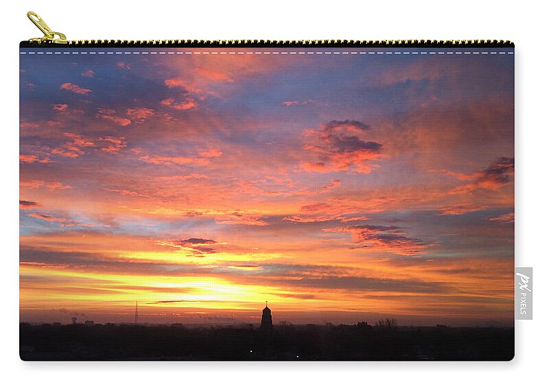 Church Steeple And City Sunrise Zip Pouch featuring the photograph Church Steeple And City Sunrise by Kathy M Krause