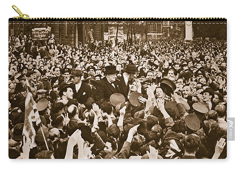 Churchill Zip Pouch featuring the photograph Churchill mobbed in Whitehall on VE Day by English School