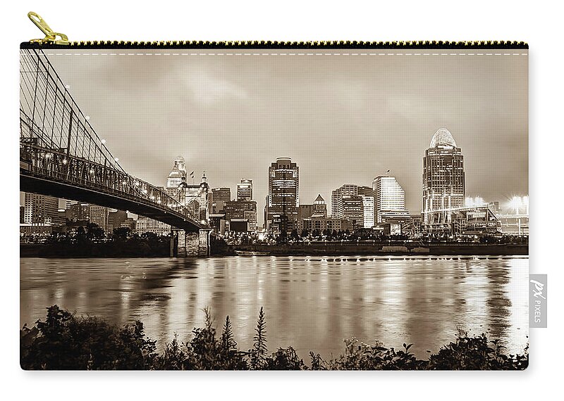 Cincinnati Skyline Zip Pouch featuring the photograph Cincinnati Skyline Cityscape Art - Sepia Edition by Gregory Ballos
