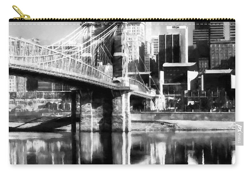 Scenes From Far And Near Zip Pouch featuring the photograph Cincinnati Skyline Reflections BW by Mel Steinhauer