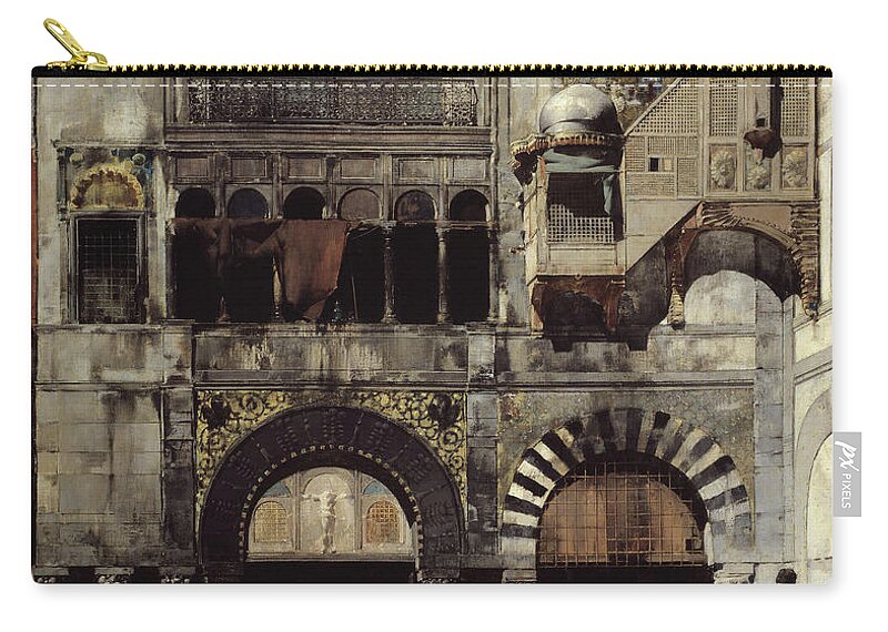 Courtyard Zip Pouch featuring the painting Circassian Cavalry Awaiting their Commanding Officer at the Door of a Byzantine Monument by Alberto Pasini