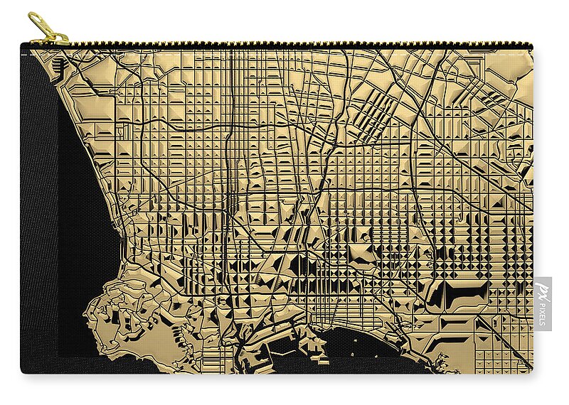 ‘cityscapes' Collection By Serge Averbukh Zip Pouch featuring the digital art Cities of Gold - Golden City Map of Los Angeles on Black by Serge Averbukh