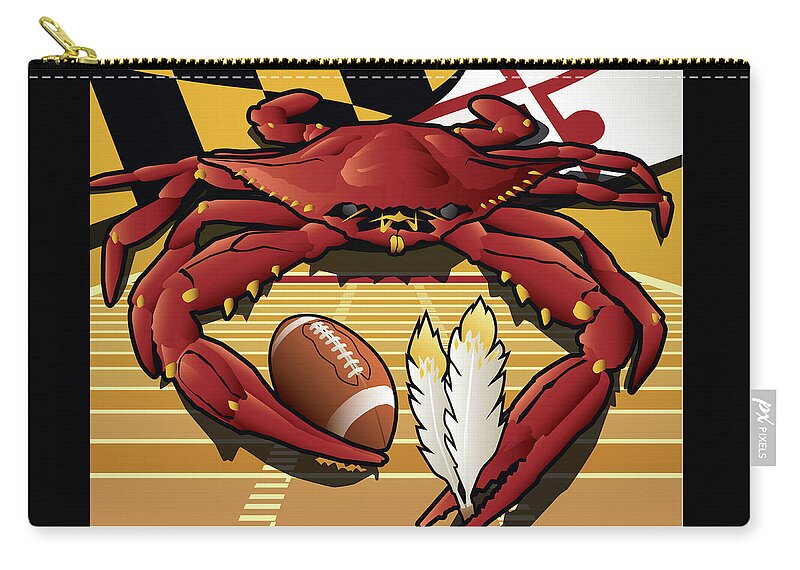 Maryland Zip Pouch featuring the digital art Citizen Crab Redskin, Maryland Crab celebrating Washington Redskins football by Joe Barsin