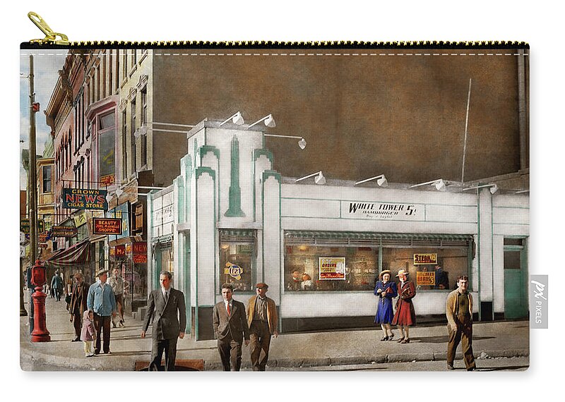 Amsterdam Zip Pouch featuring the photograph City - Amsterdam NY - Hamburgers 5 cents 1941 by Mike Savad
