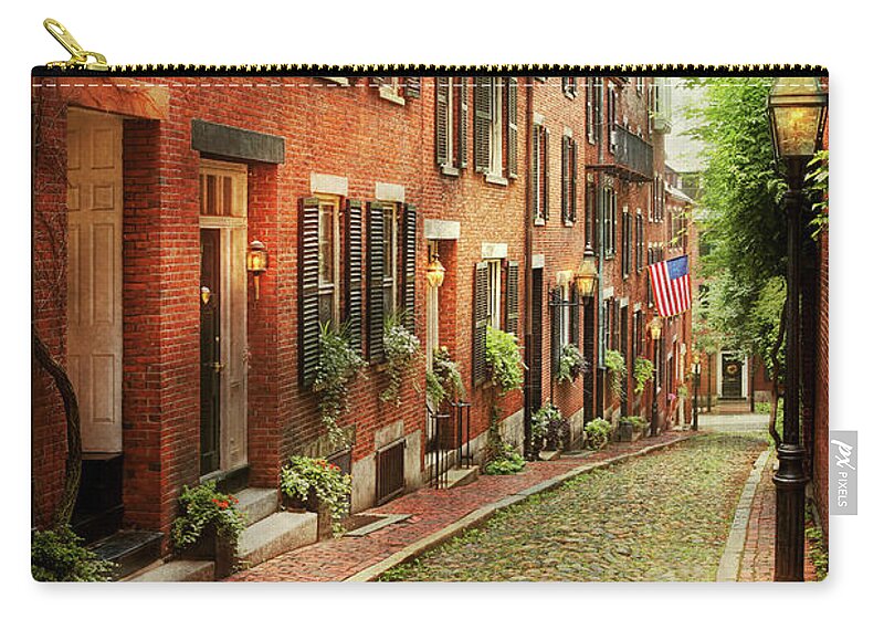 Boston Zip Pouch featuring the photograph City - Boston MA - Acorn Street by Mike Savad