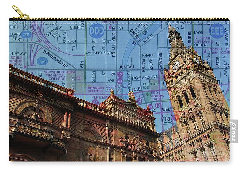 Milwaukee Zip Pouch featuring the photograph City Hall and Pabst Theater Rooflines w Map by Anita Burgermeister