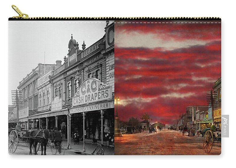 Cash Drapers Zip Pouch featuring the photograph City - Palmerston North NZ - The shopping district 1908 - Side by Side by Mike Savad