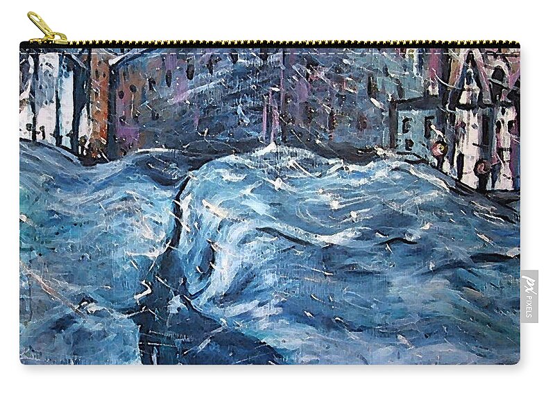 Katt Yanda Original Art Landscape Oil Painting Blue Snow Winter City Storm Zip Pouch featuring the painting City Snow Storm by Katt Yanda