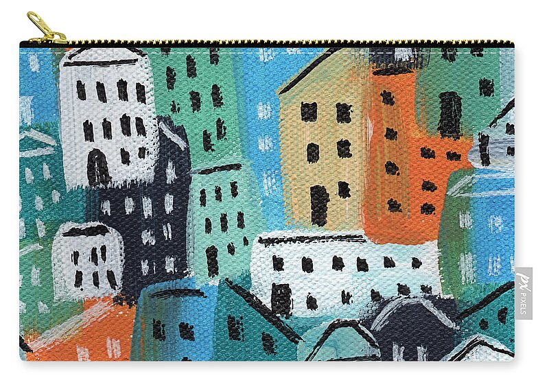 City Zip Pouch featuring the painting City Stories- Blue and Orange by Linda Woods