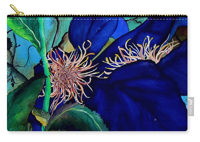 Lil Taylor Zip Pouch featuring the painting Clematis Regal in Purple and Blue SOLD by Lil Taylor