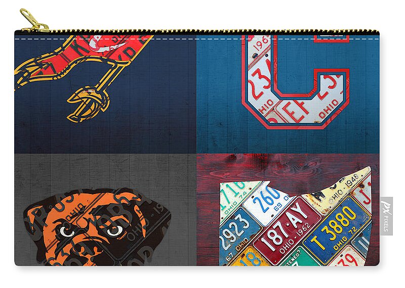 Cleveland Zip Pouch featuring the mixed media Cleveland Sports Fan Recycled Vintage Ohio License Plate Art Cavaliers Indians Browns and State Map by Design Turnpike
