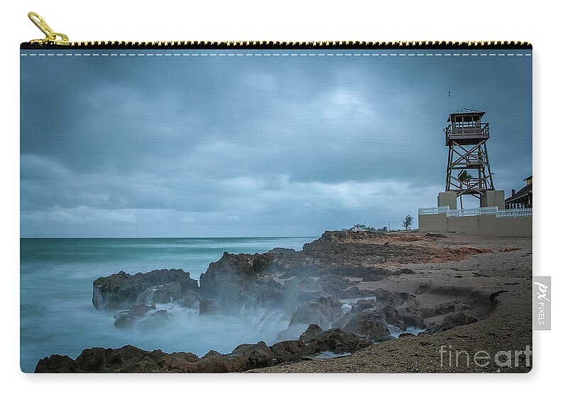 Clouds Zip Pouch featuring the photograph Clouds, Tower, Rocks and Waves by Tom Claud