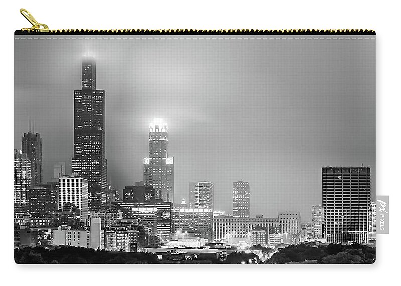 North America Zip Pouch featuring the photograph Cloudy Downtown Chicago Skyline in Black and White by Gregory Ballos