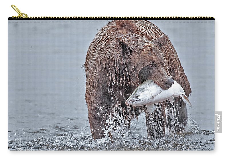 Coastal Zip Pouch featuring the photograph Coastal Brown Bear with Salmon by Gary Langley