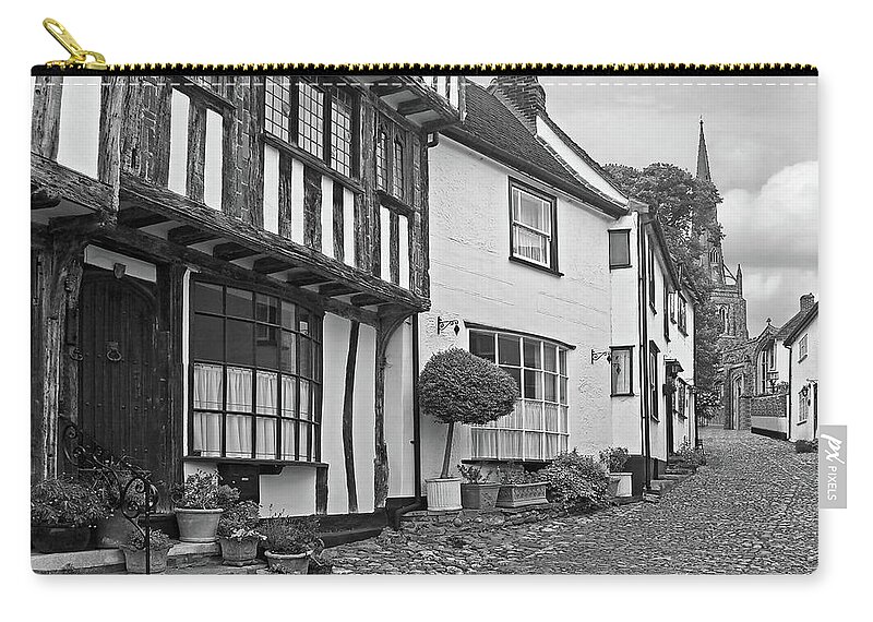Thaxted Zip Pouch featuring the photograph Cobblestone Street Thaxted in Black and White by Gill Billington