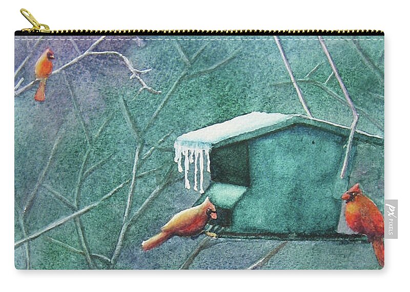 Nancy Charbeneau Zip Pouch featuring the painting Cold Cardinals by Nancy Charbeneau