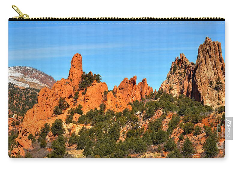 Garden Of The Gods High Point Zip Pouch featuring the photograph Colorado Springs Garden Of The Gods High Point Panorama by Adam Jewell