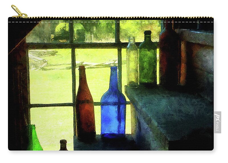 Bottles Zip Pouch featuring the photograph Colored Bottles On Steps by Susan Savad