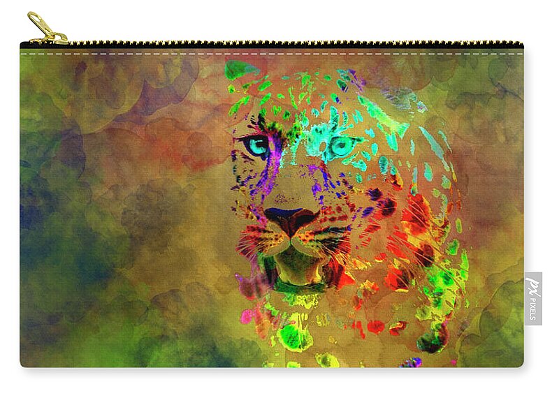 Colored Leopard Zip Pouch featuring the mixed media Colored Leopard by David Millenheft