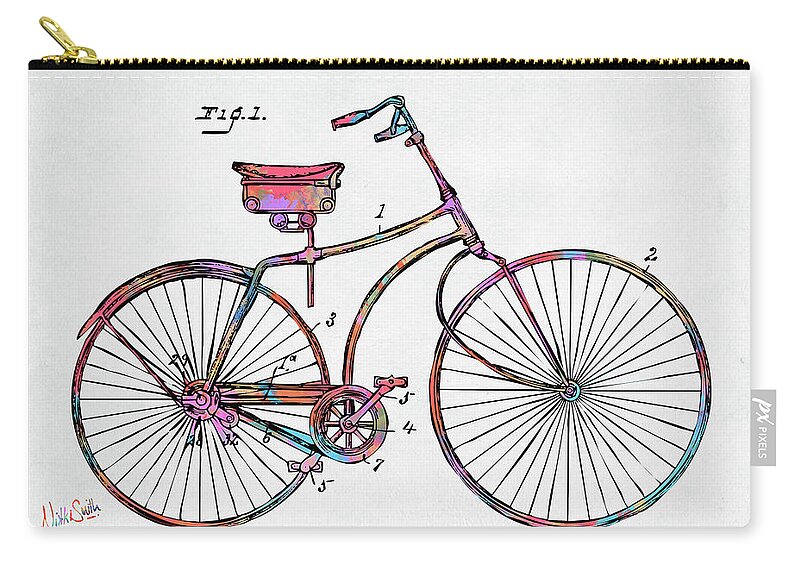 Bicycle Zip Pouch featuring the digital art Colorful 1890 Bicycle Patent Minimal by Nikki Marie Smith
