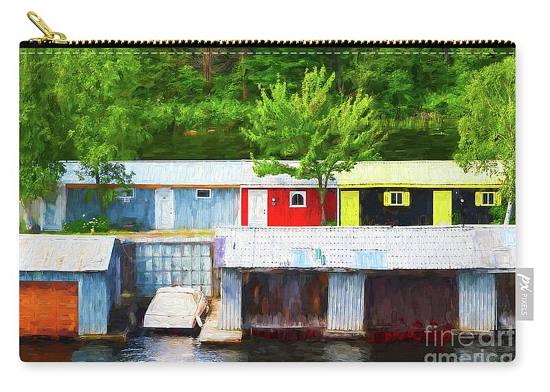 Row Zip Pouch featuring the photograph Colorful Boathouses - painterly by Les Palenik