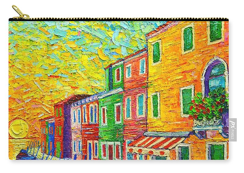 Venice Zip Pouch featuring the painting Colorful Burano Sunrise - Venice - Italy - Palette Knife Oil Painting By Ana Maria Edulescu by Ana Maria Edulescu